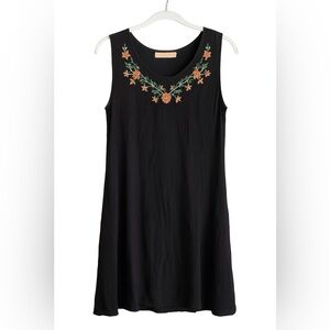 La Cera Black Sleeveless Rayon Dress Medium Floral Embroidered Boho India